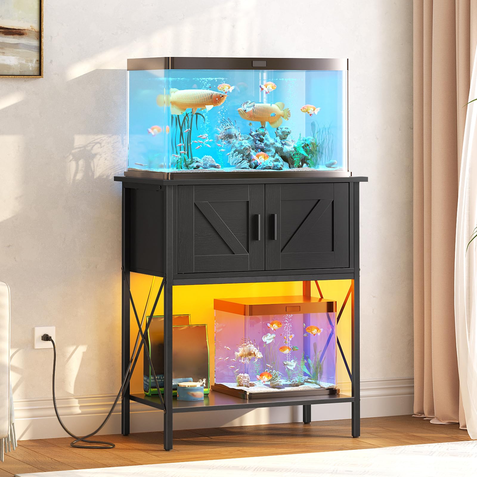 HOOBRO stand with power outlets and LED strip shows convenient energy access and ambience.