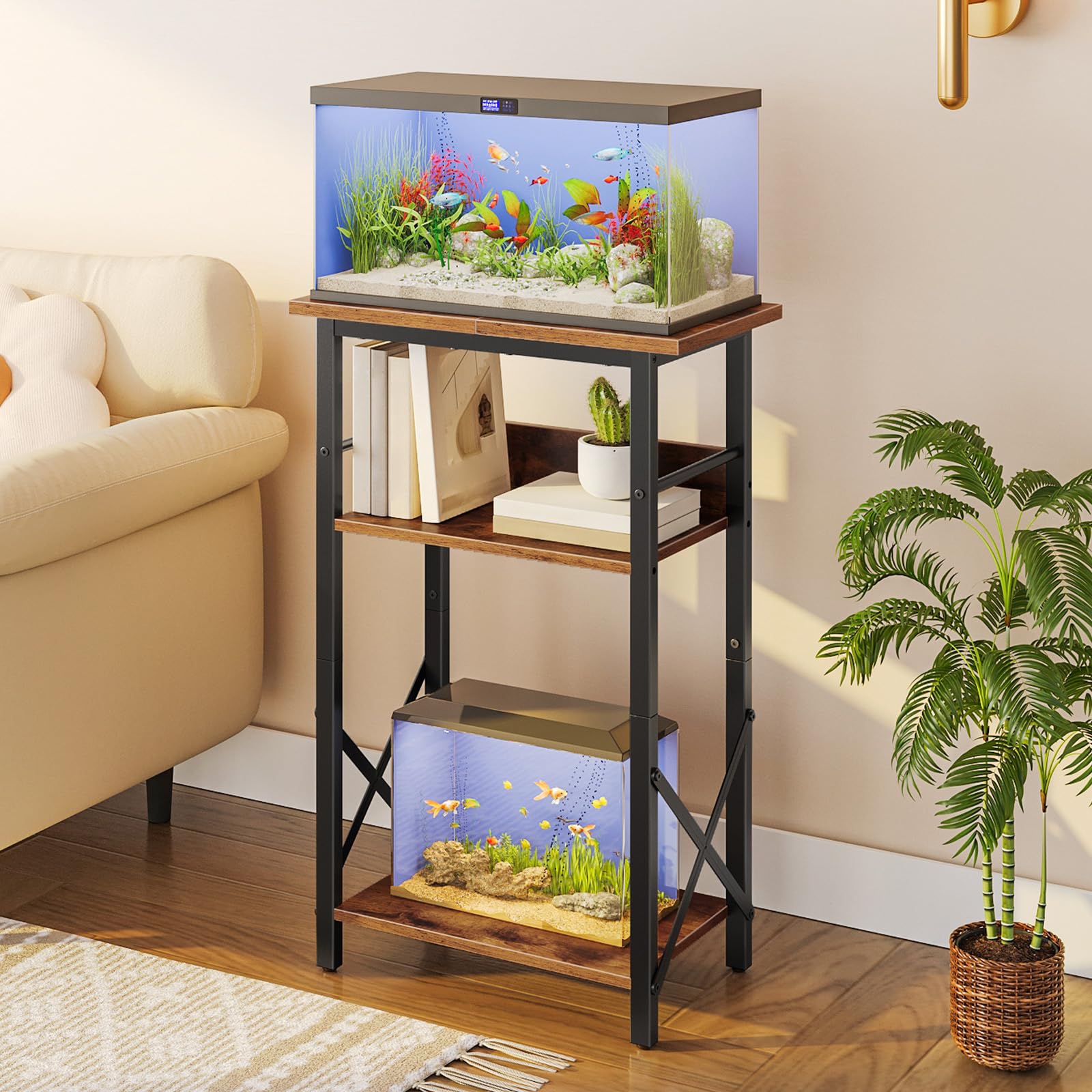 HOOBRO 3-tier aquarium stand side view demonstrates compact, space-saving design with accessible storage