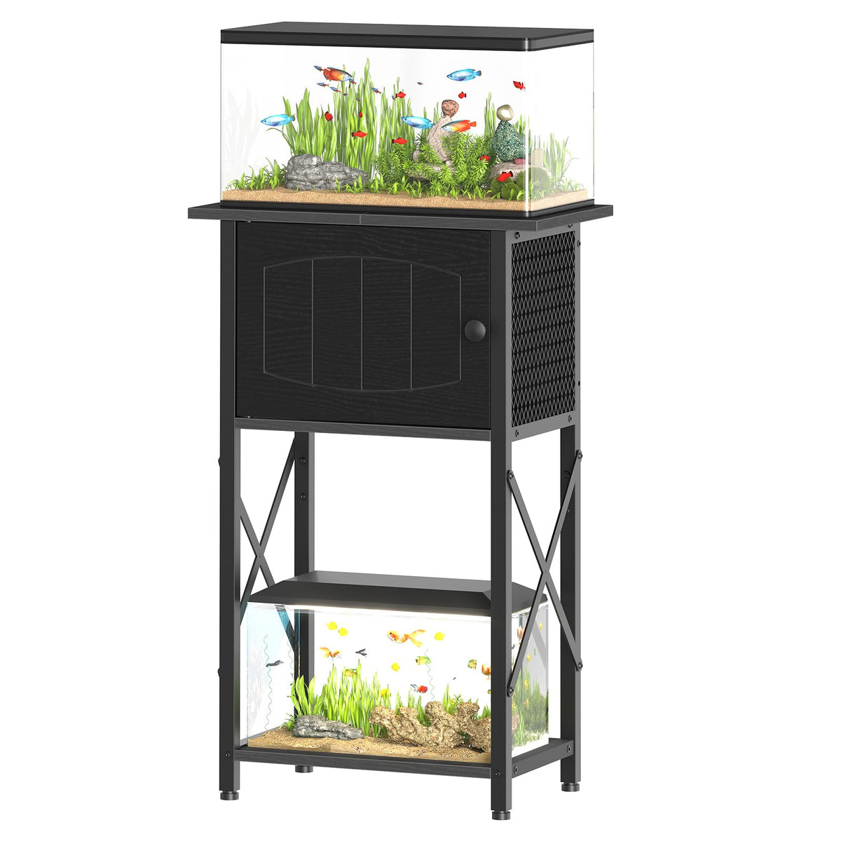 HOOBRO aquarium stand front view—sturdy metal frame with a sleek black finish for living rooms