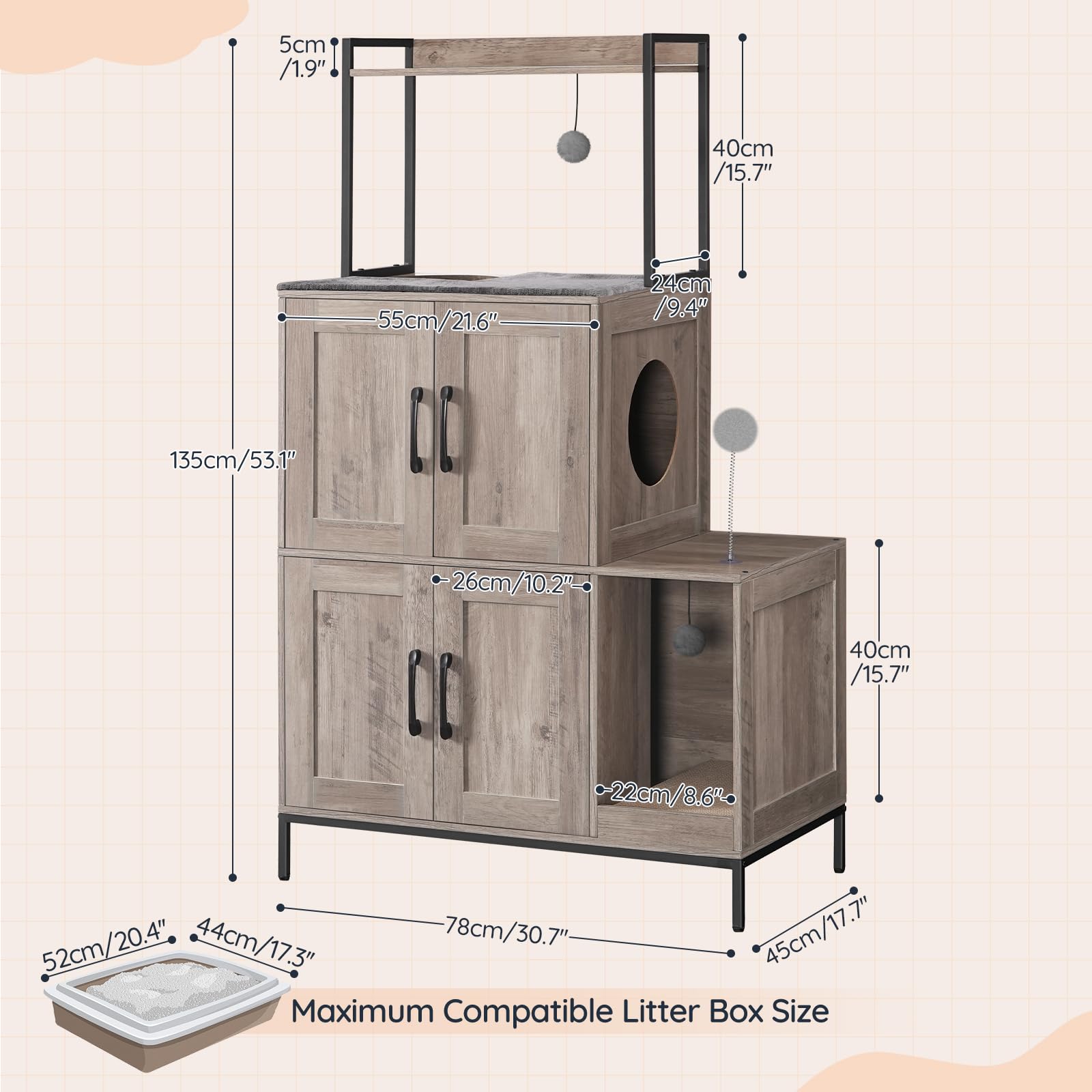 HOOBRO cat litter box enclosure two dangling plush balls for feline play