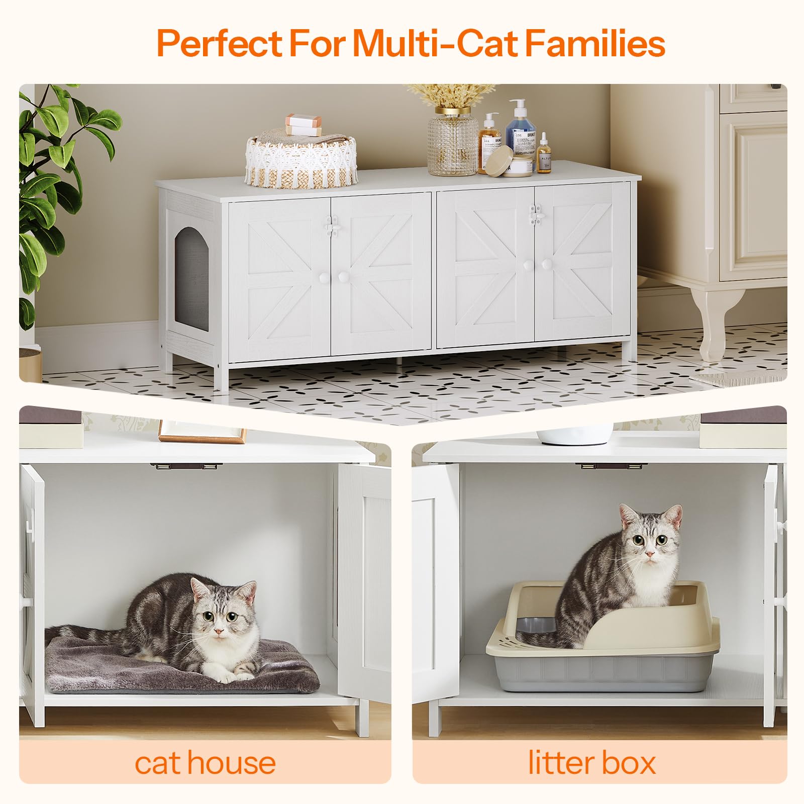 HOOBRO cat litter box enclosure interior space view shows cozy dual rooms for two cats