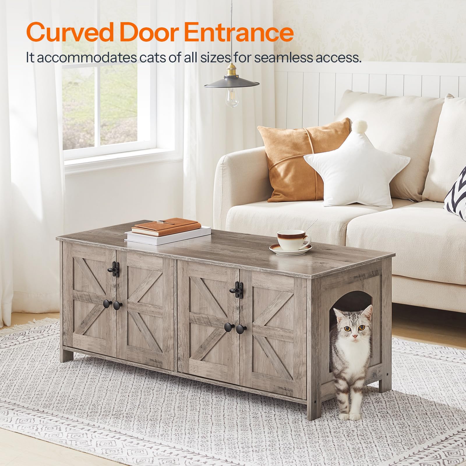 HOOBRO cat-litter-box-enclosure side-arch-doors provide easy entry for two cats.