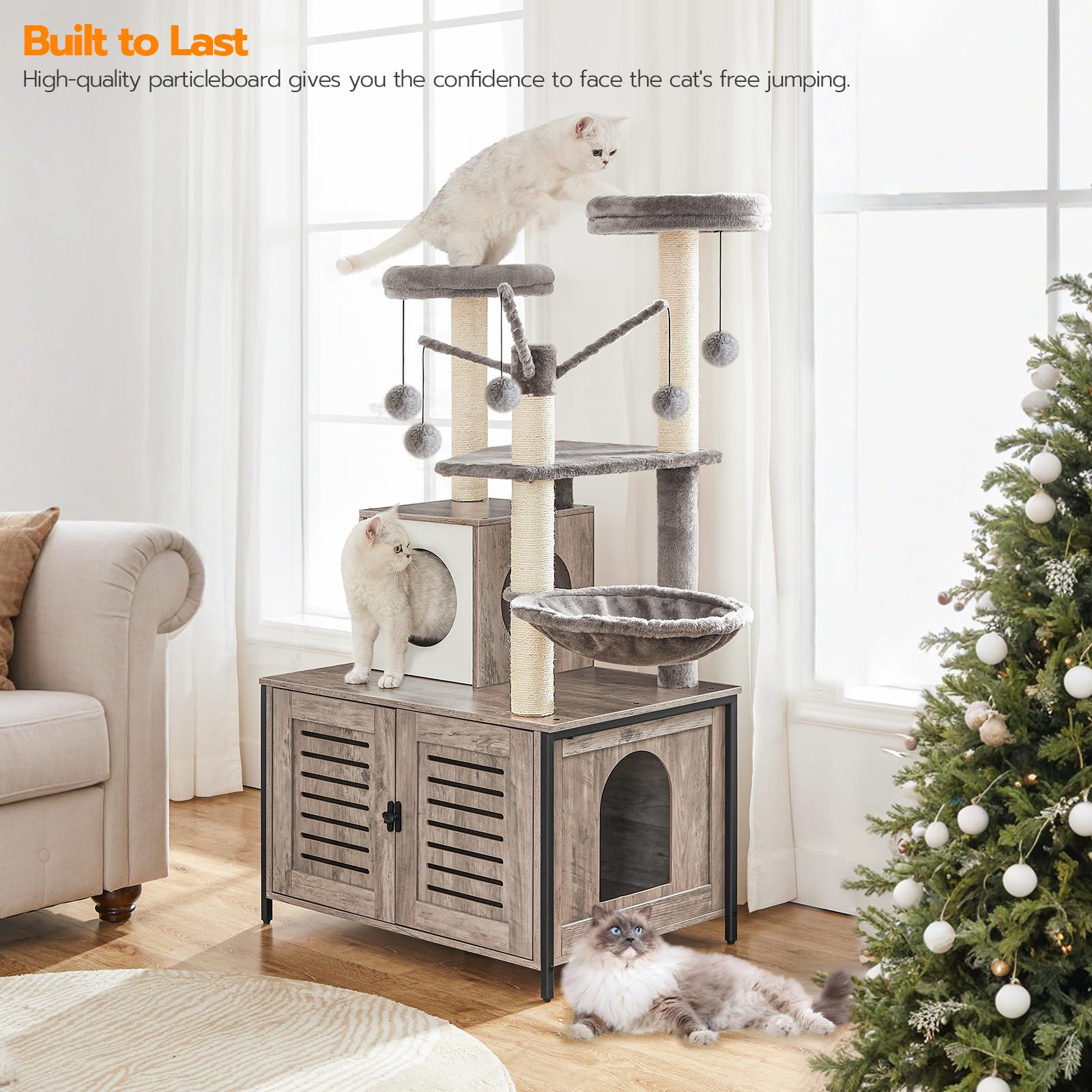 HOOBRO cat tree hidden litter box doors provide privacy and tidy space