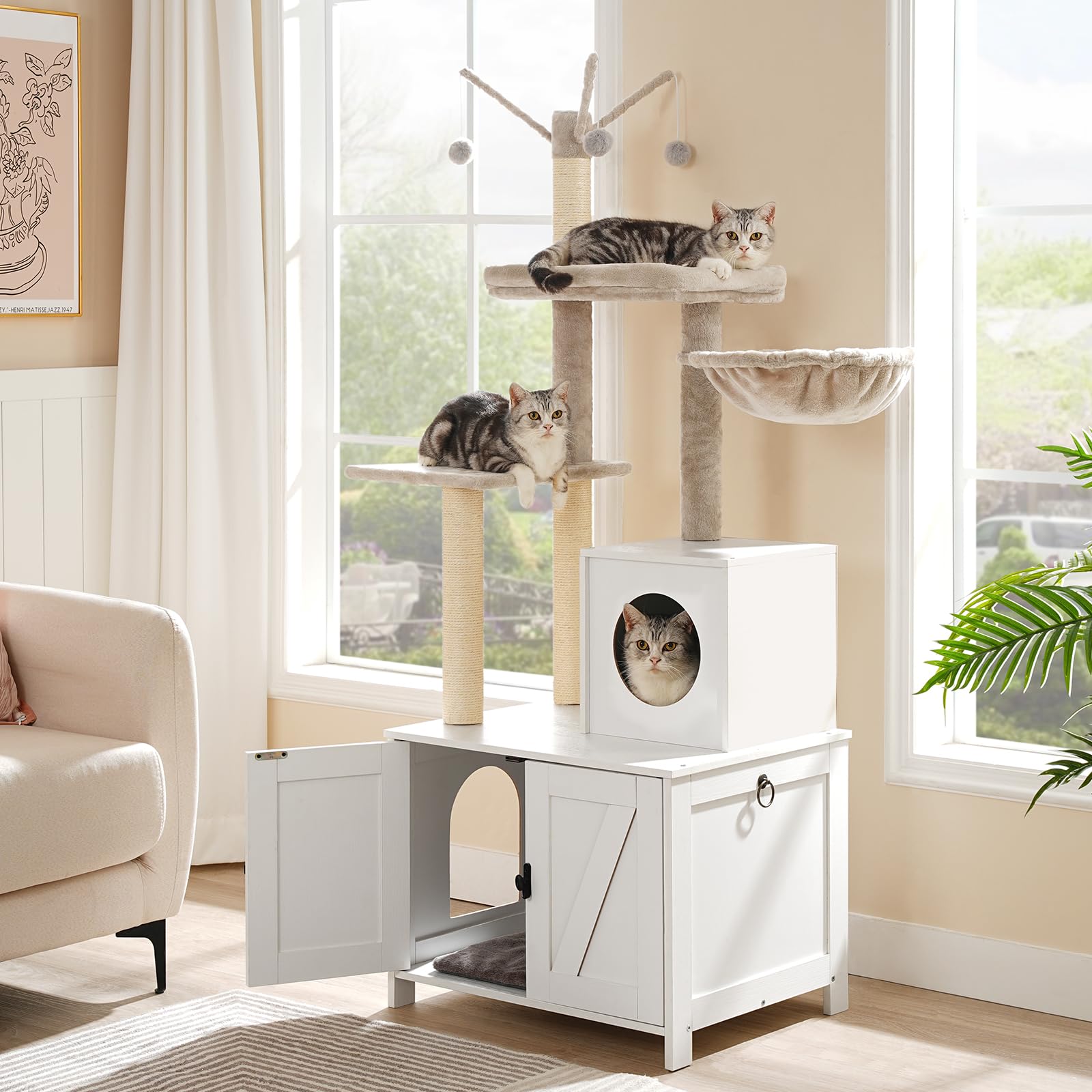 HOOBRO cat tree hidden litter box highlights private bathroom space for indoor cats.