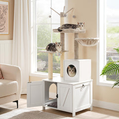 HOOBRO cat tree hidden litter box highlights private bathroom space for indoor cats.