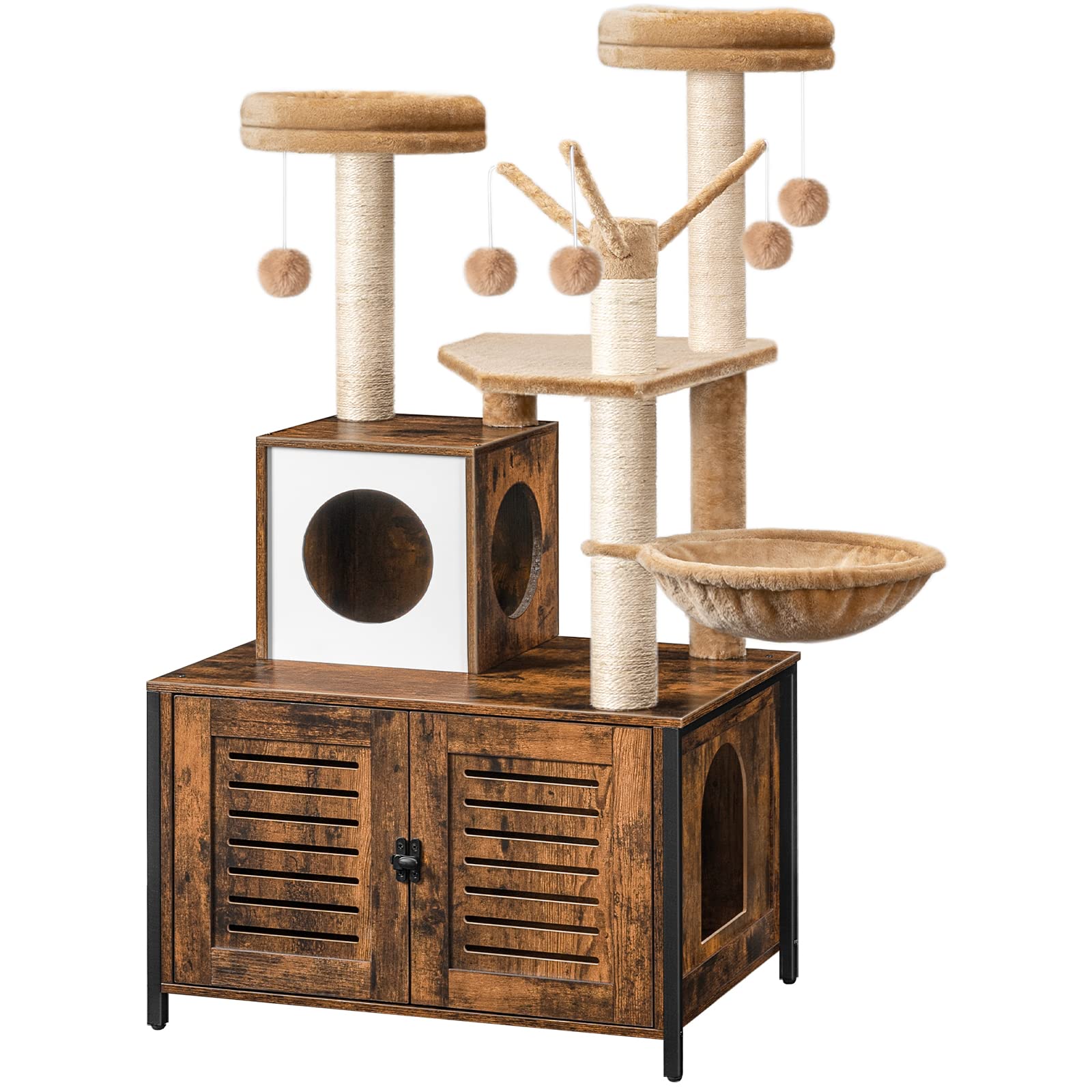 HOOBRO cat tree with litter box enclosure BF14MZ03 provides private litter space and tidy corner storage.