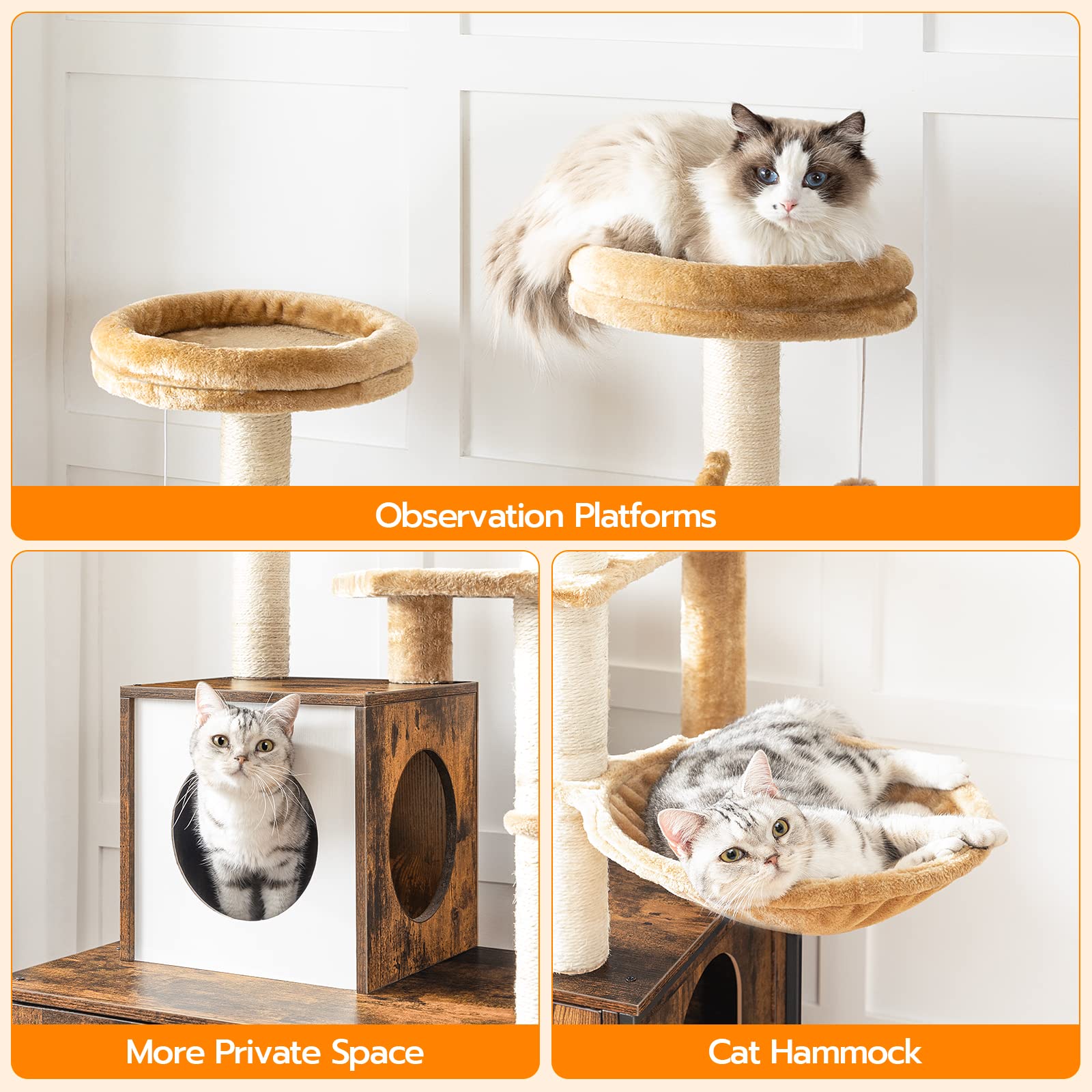 HOOBRO cat tree plush cushions add soft comfort on high perches.