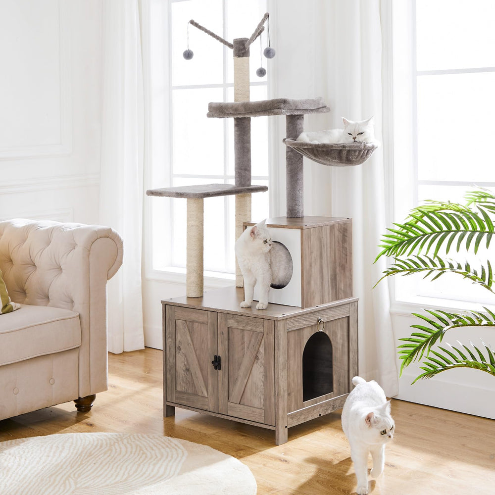 HOOBRO Cat Tree Tower hidden litter-box door demonstrates private, tidy litter space