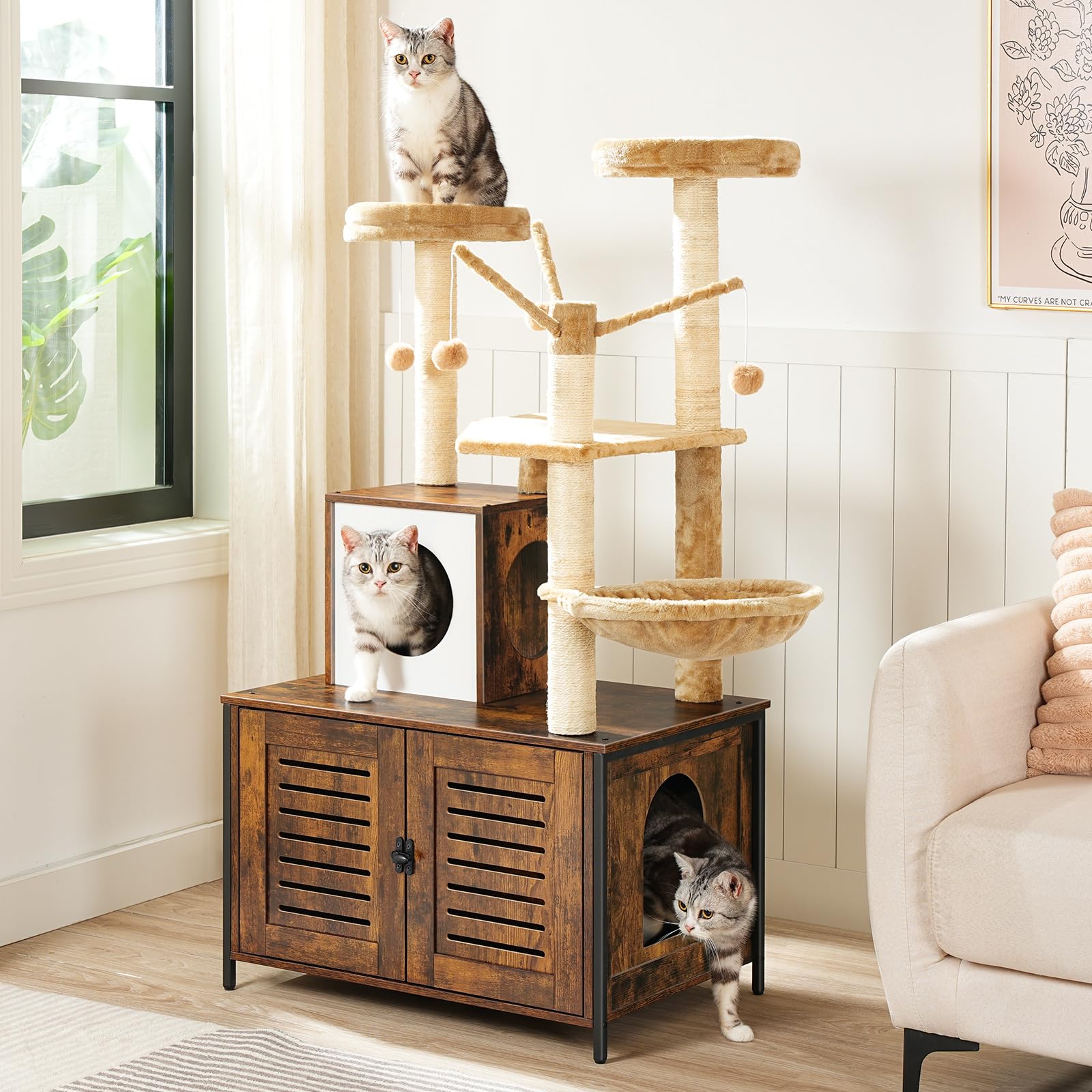 HOOBRO cat tree wooden structure combines sturdy design with rustic brown finish.