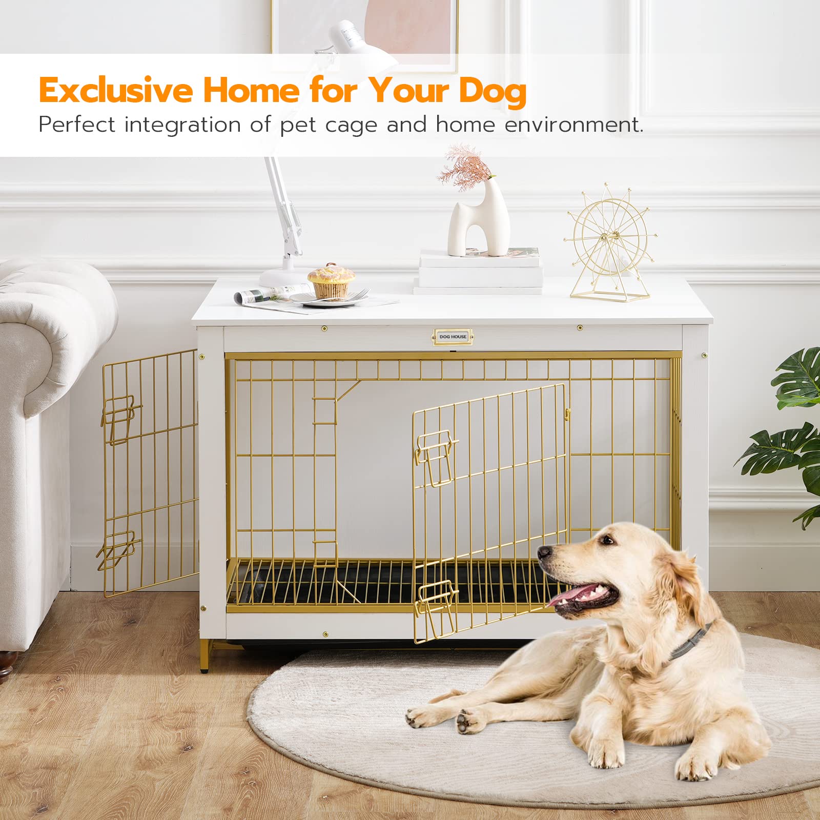 HOOBRO DW982GW03 dog crate furniture side view showing sturdy wood frame for daily use