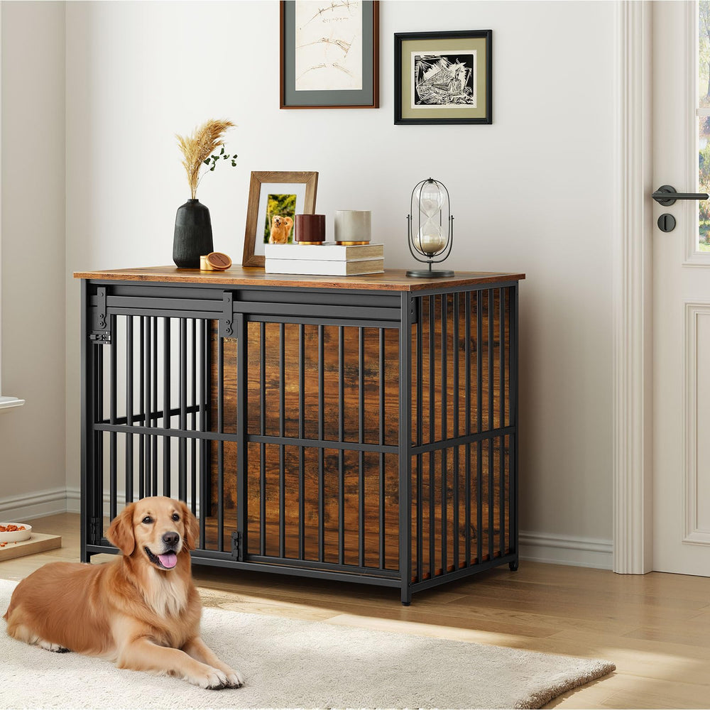 HOOBRO dog crate furniture assembly process illustrates quick setup