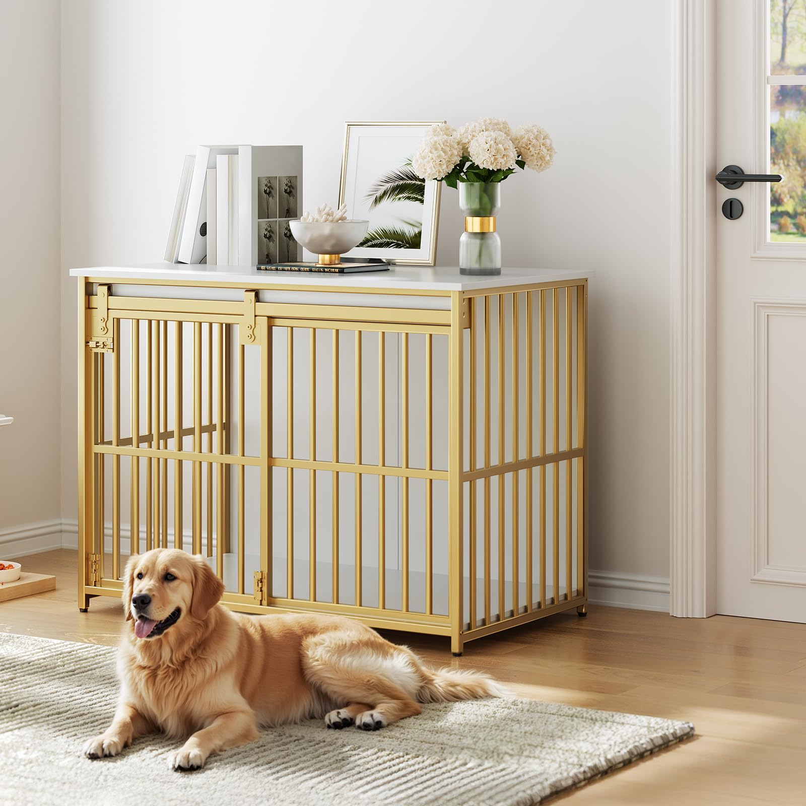 HOOBRO dog crate furniture latching-system close-up highlights secure 3-latch design
