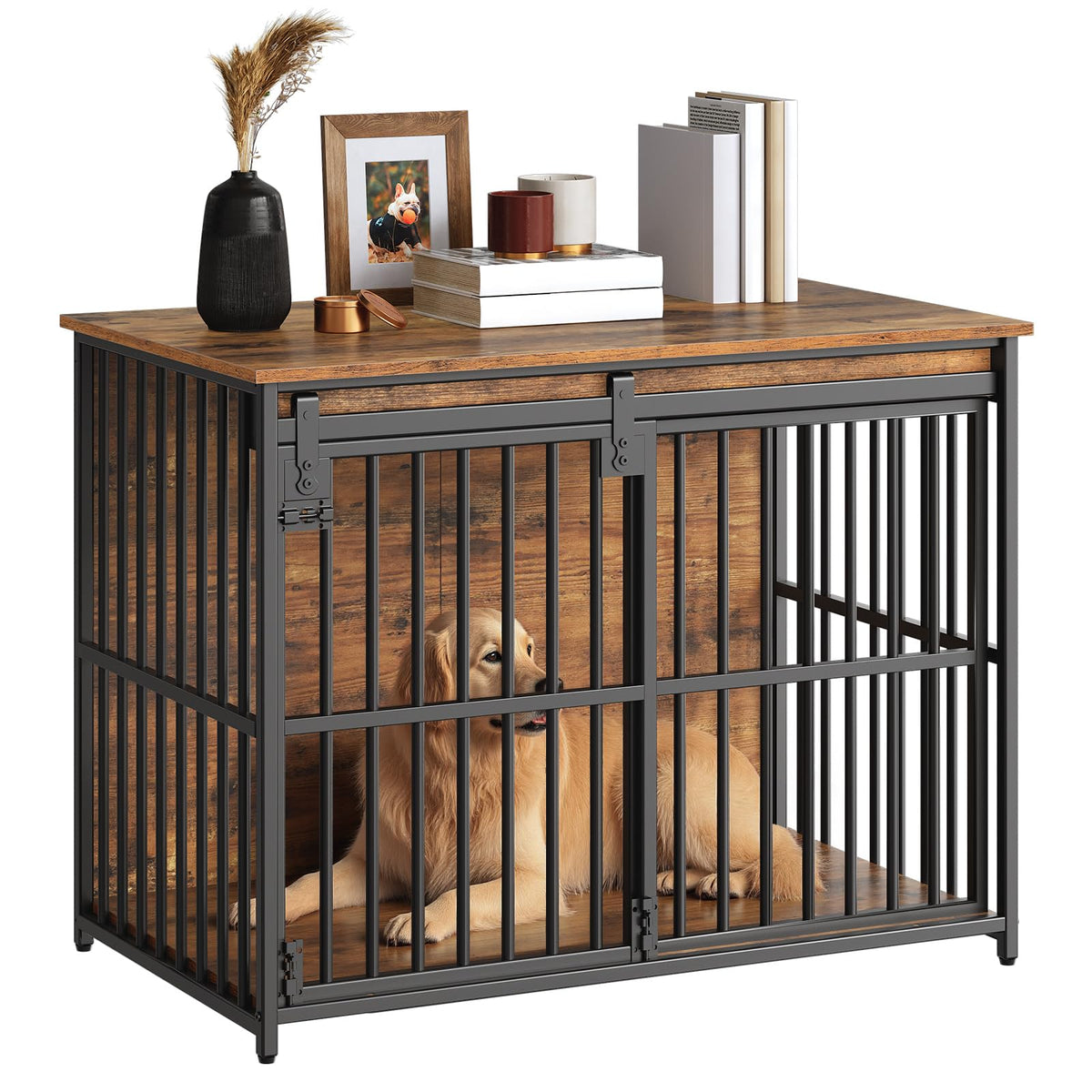 HOOBRO dog crate furniture left view shows sturdy frame for durable confinement