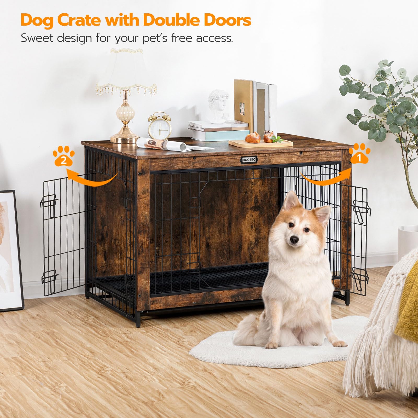 HOOBRO dog crate furniture rustic brown finish blends with home decor.