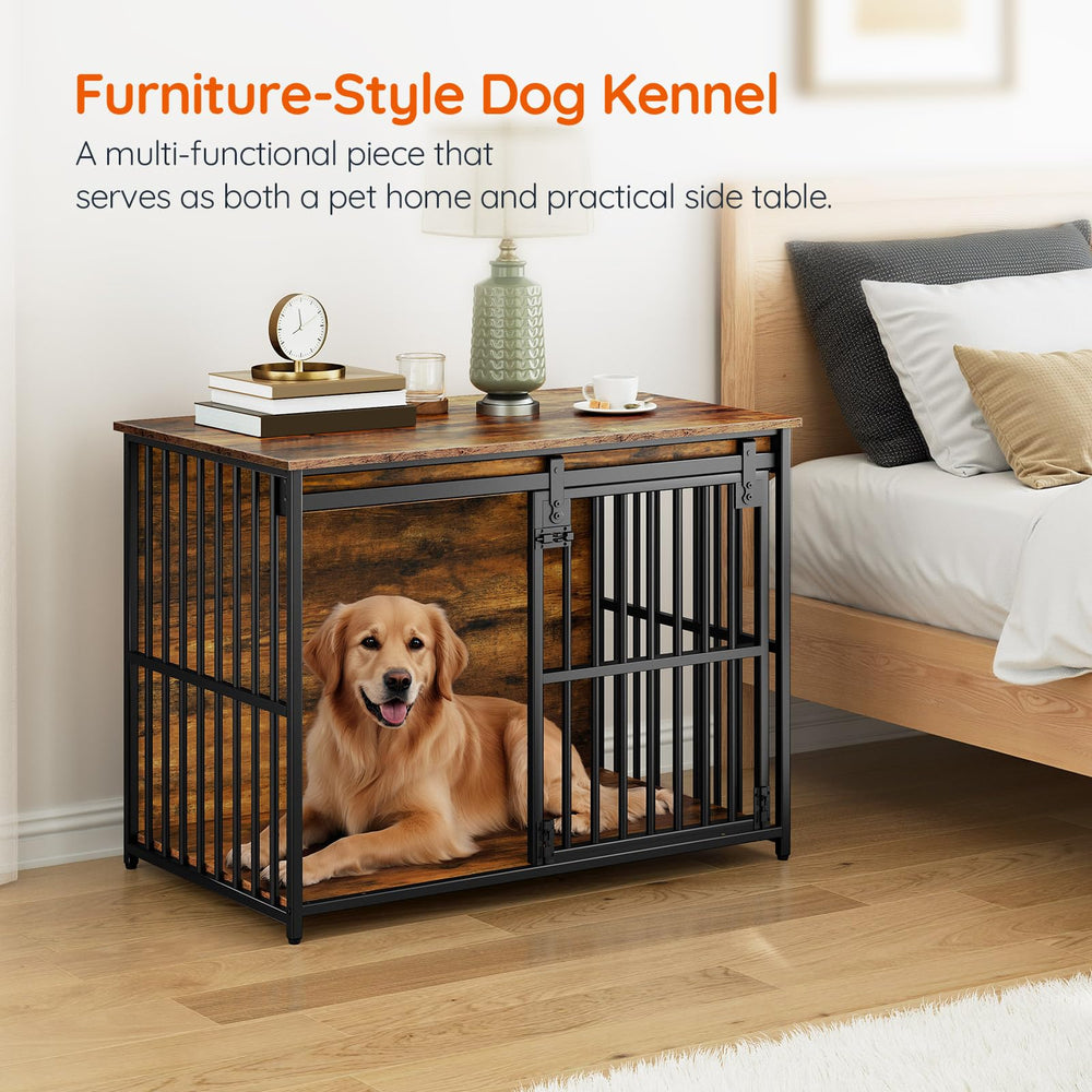 HOOBRO dog crate furniture rustic brown finish blends with home decor