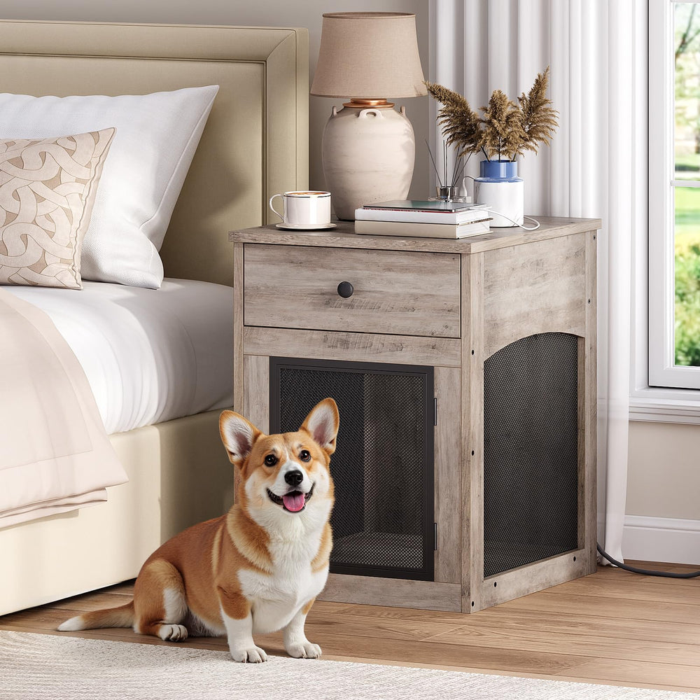 HOOBRO dog crate furniture top charging-station view for easy device charging