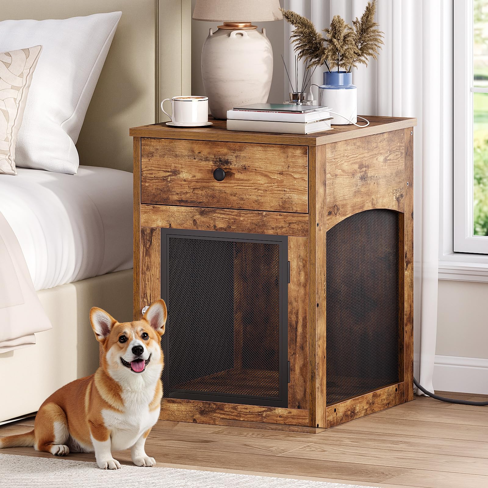 HOOBRO dog crate furniture top view with charging station for devices