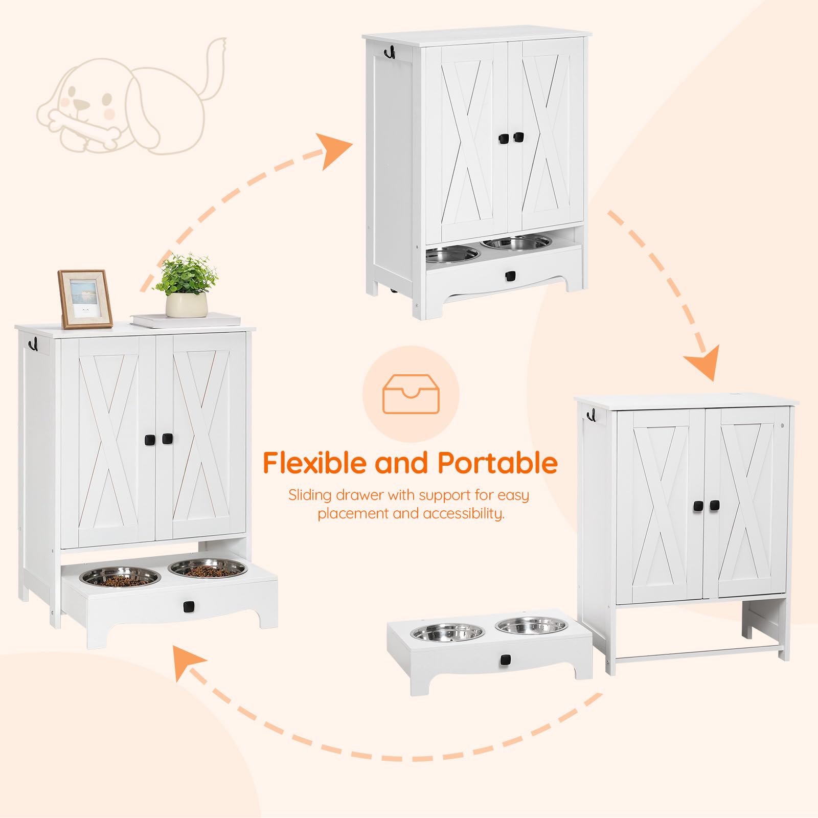 HOOBRO dog feeding station easy-assembly setup with labeled parts and tools