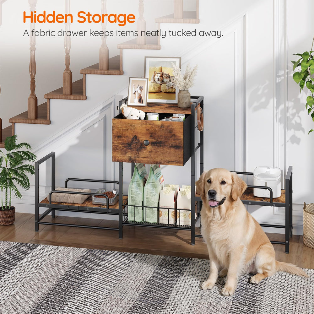 HOOBRO raised dog bowl stand bottom shelf provides sturdy toy storage.