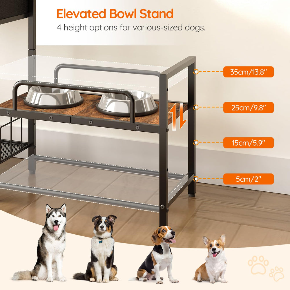 HOOBRO raised dog bowl stand hooks demonstrates tidy leash storage.