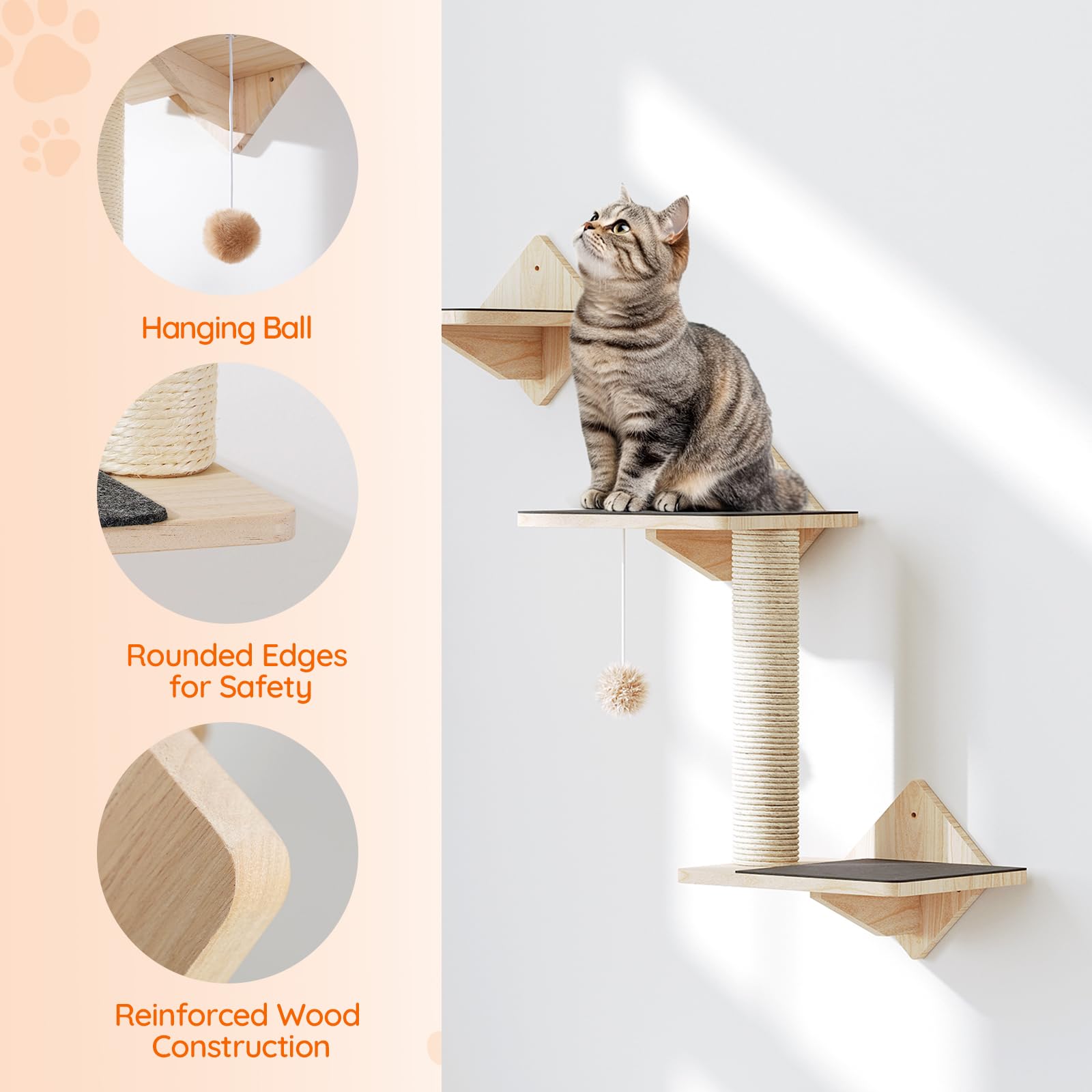 HOOBRO Wood Cat Wall Shelves anti-slip fabric cushions enhance stability