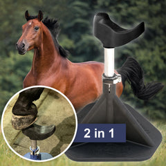 Hoof-It Blacksmith hoof stand cradle secures the hoof during trimming.