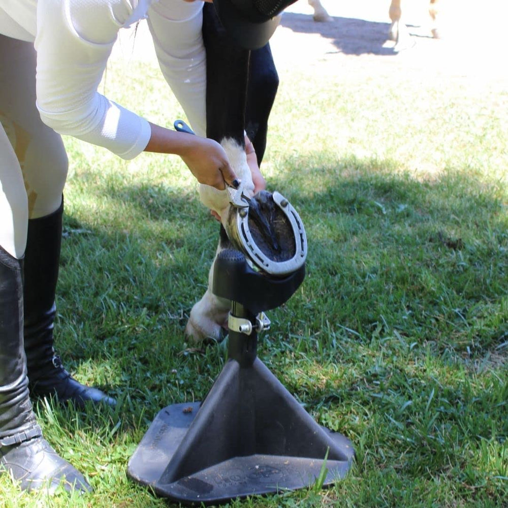 Hoof-It Blacksmith stand features shock-absorbing rubber for comfortable handling.