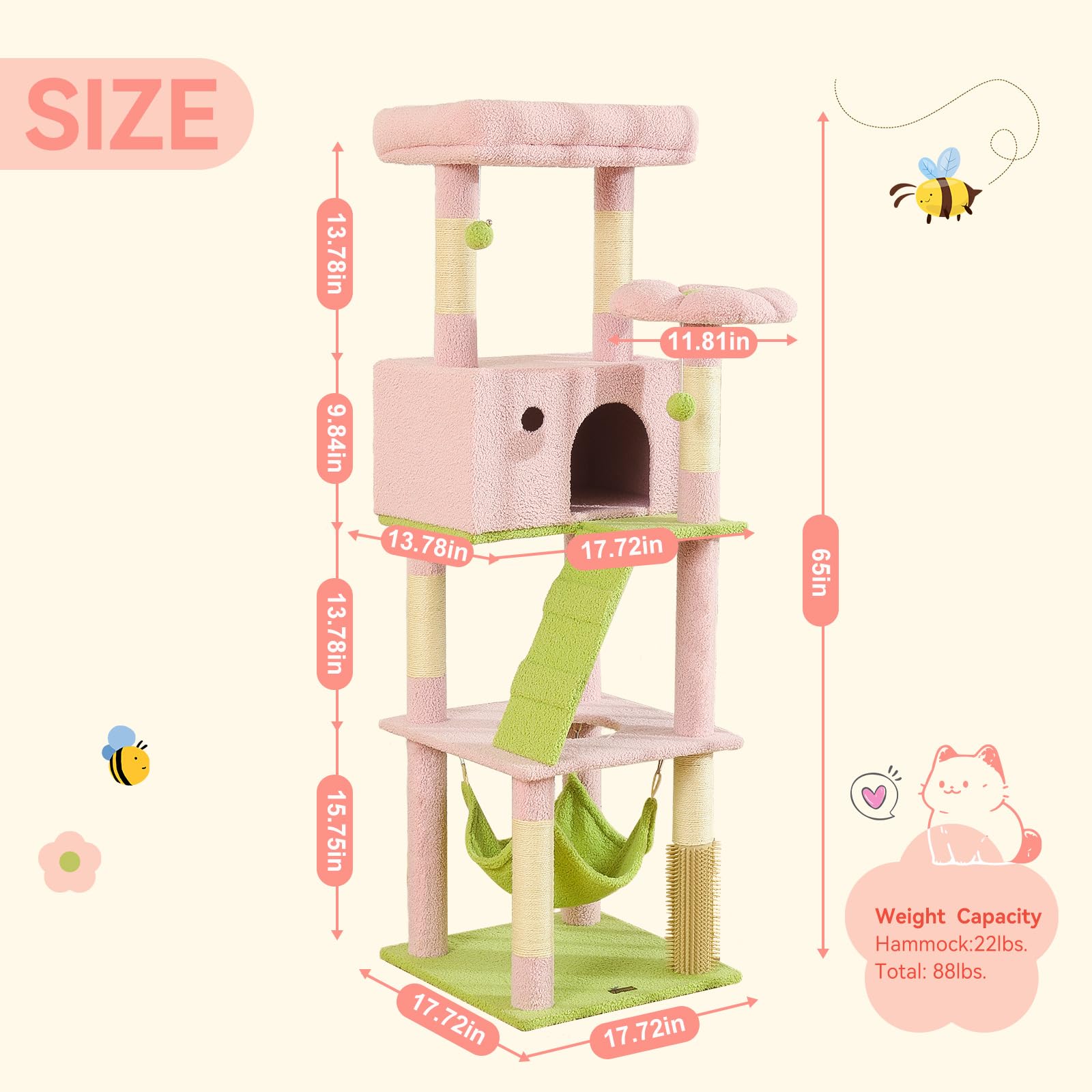 HOOPET pink cat tree with steel-ring hammock supports larger cats for lounging