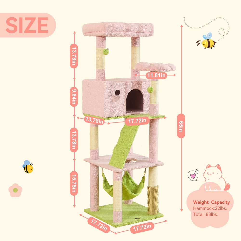 HOOPET pink cat tree with steel-ring hammock supports larger cats for lounging