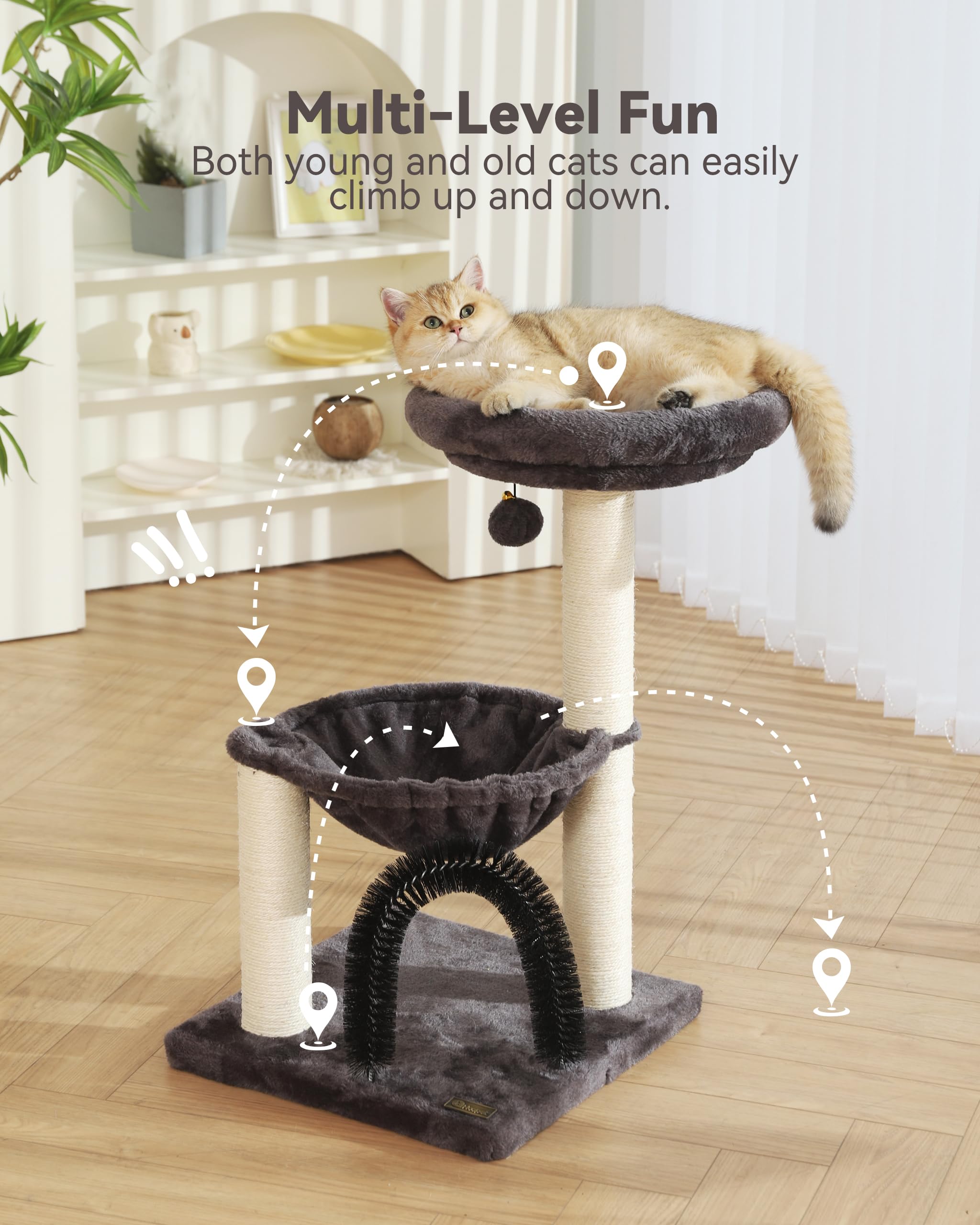 HOOPET cat tree creamy-gray finish integrates with modern home decor.