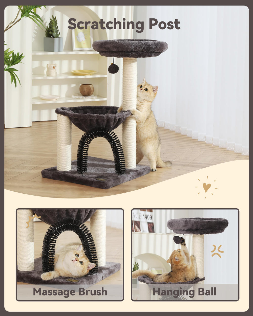 HOOPET cat tree massager brush provides a light grooming moment.
