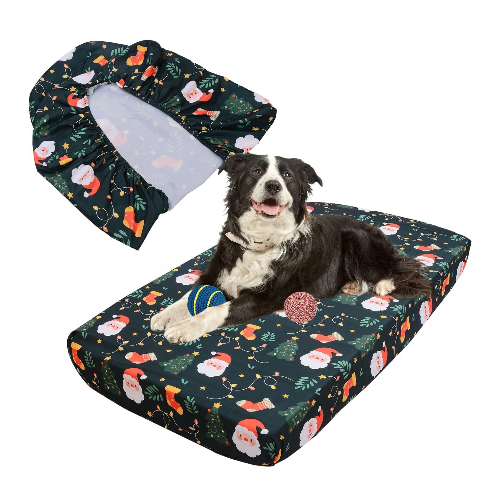Hoopttay Christmas dog bed cover front view shows festive pattern and elastic edge for secure fit.