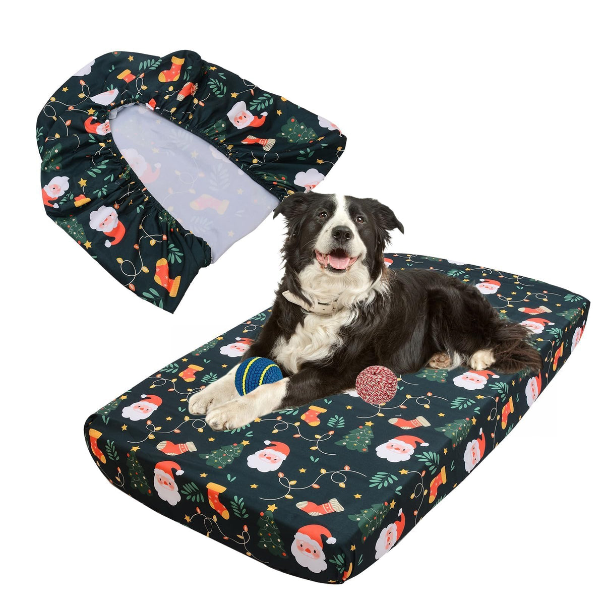 Hoopttay Christmas dog bed cover front view shows festive pattern and elastic edge for secure fit.