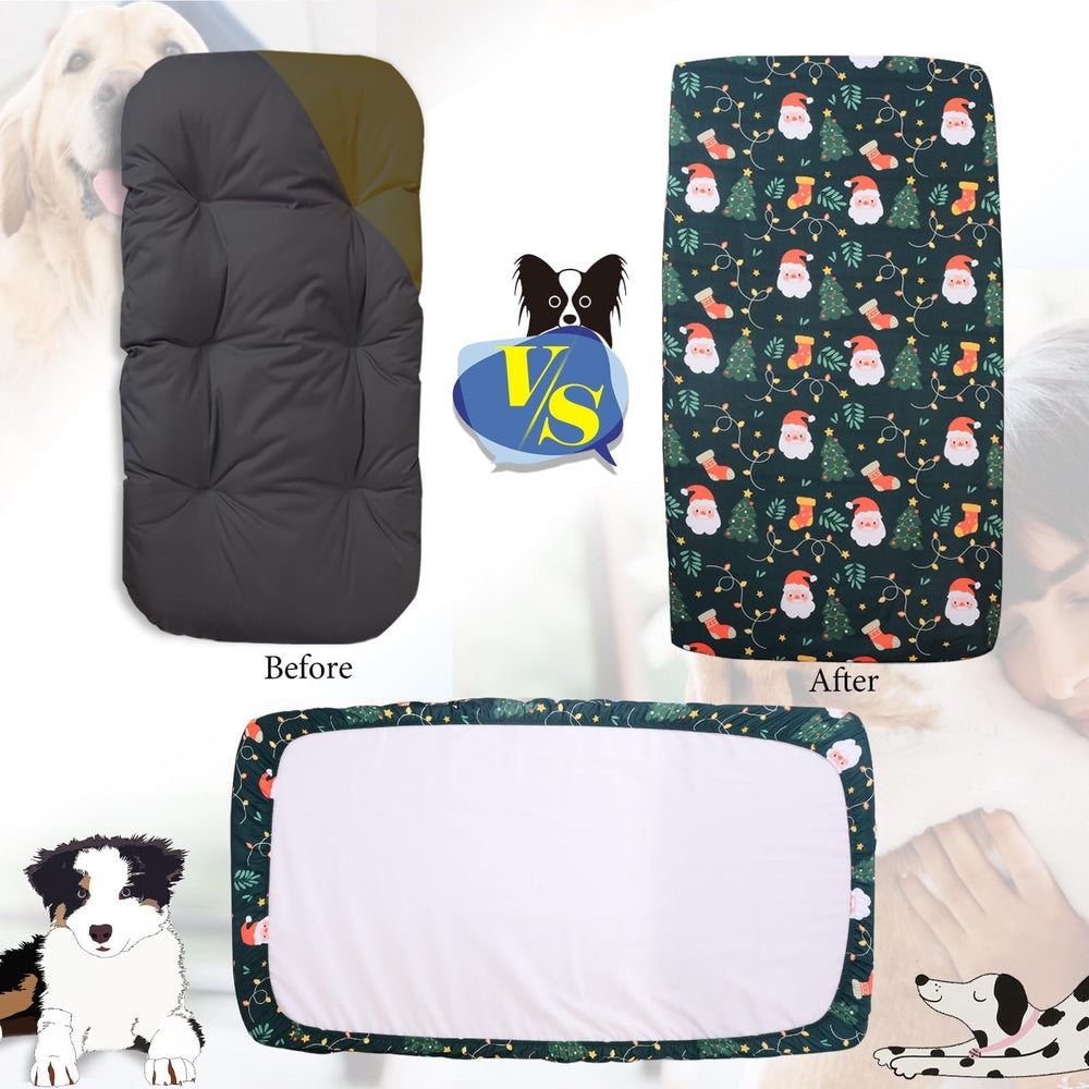 Hoopttay Christmas dog bed cover on bed demonstrates easy cleanup and seasonal style.