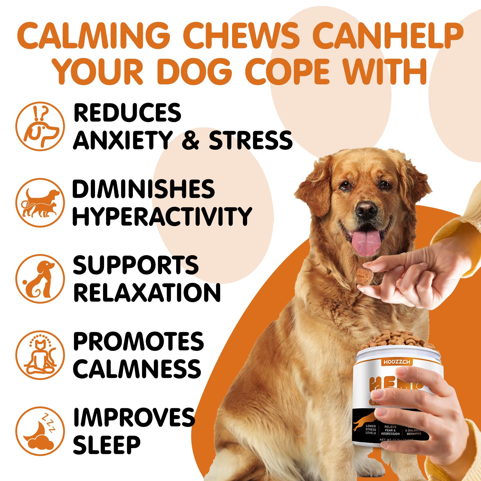 Hoozzch Calming Chews chicken-flavor close-up showcasing tasty calm support.