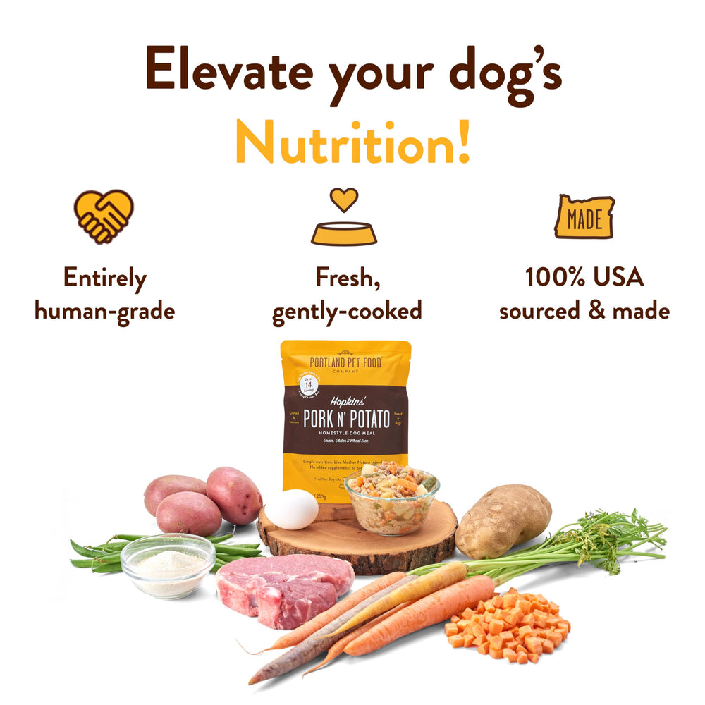 Hopkin's Pork N’ Potato pouch opened for serving as a meal or topper for picky dogs.