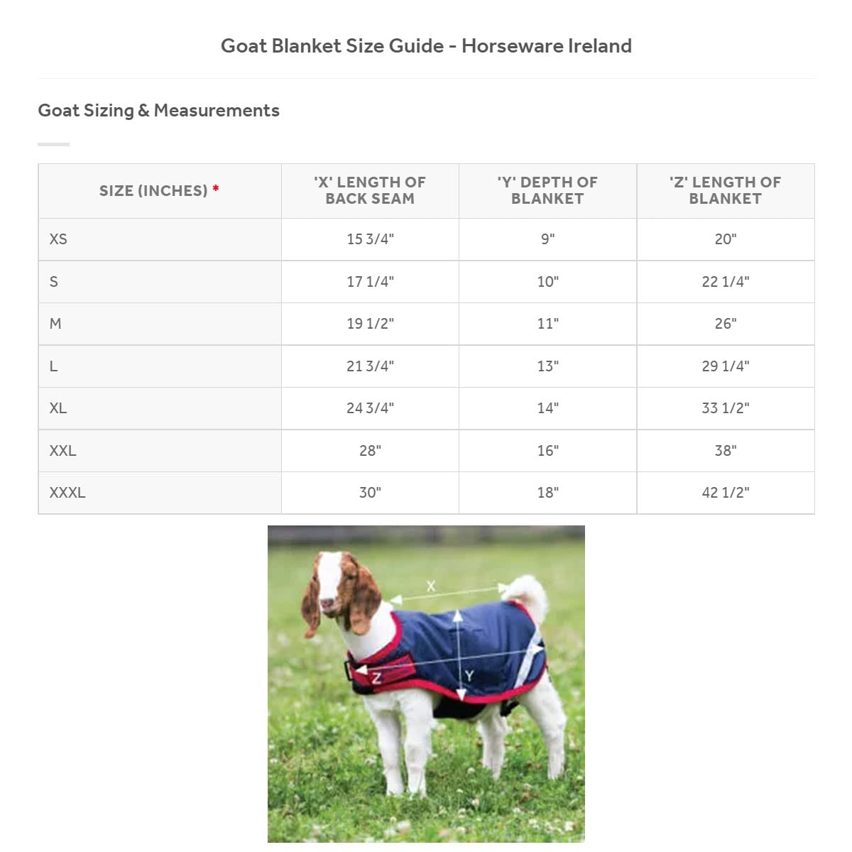Horseware goat coat size chart 7 sizes including X-Large for a correct fit.