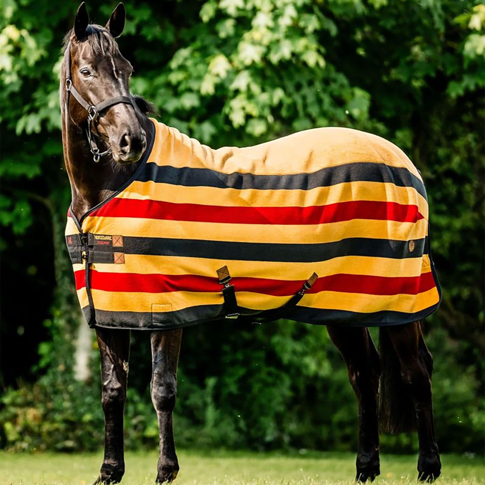 Horseware Newmarket fleece cooler stripe pattern highlights premium fabric and stylish, functional design.