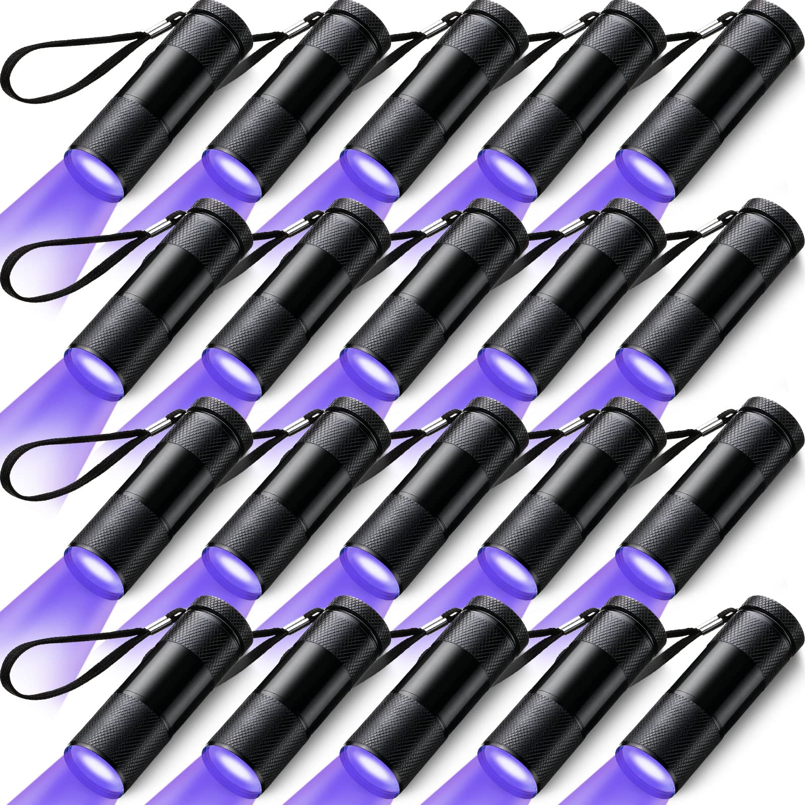 Hortsun blacklight flashlight package showing 20 compact UV tools for stain detection