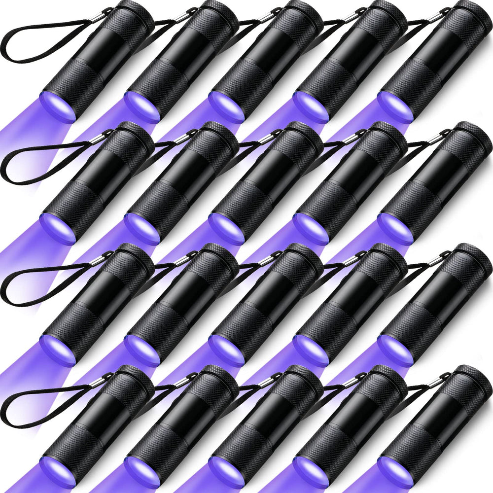 Hortsun blacklight flashlight package showing 20 compact UV tools for stain detection