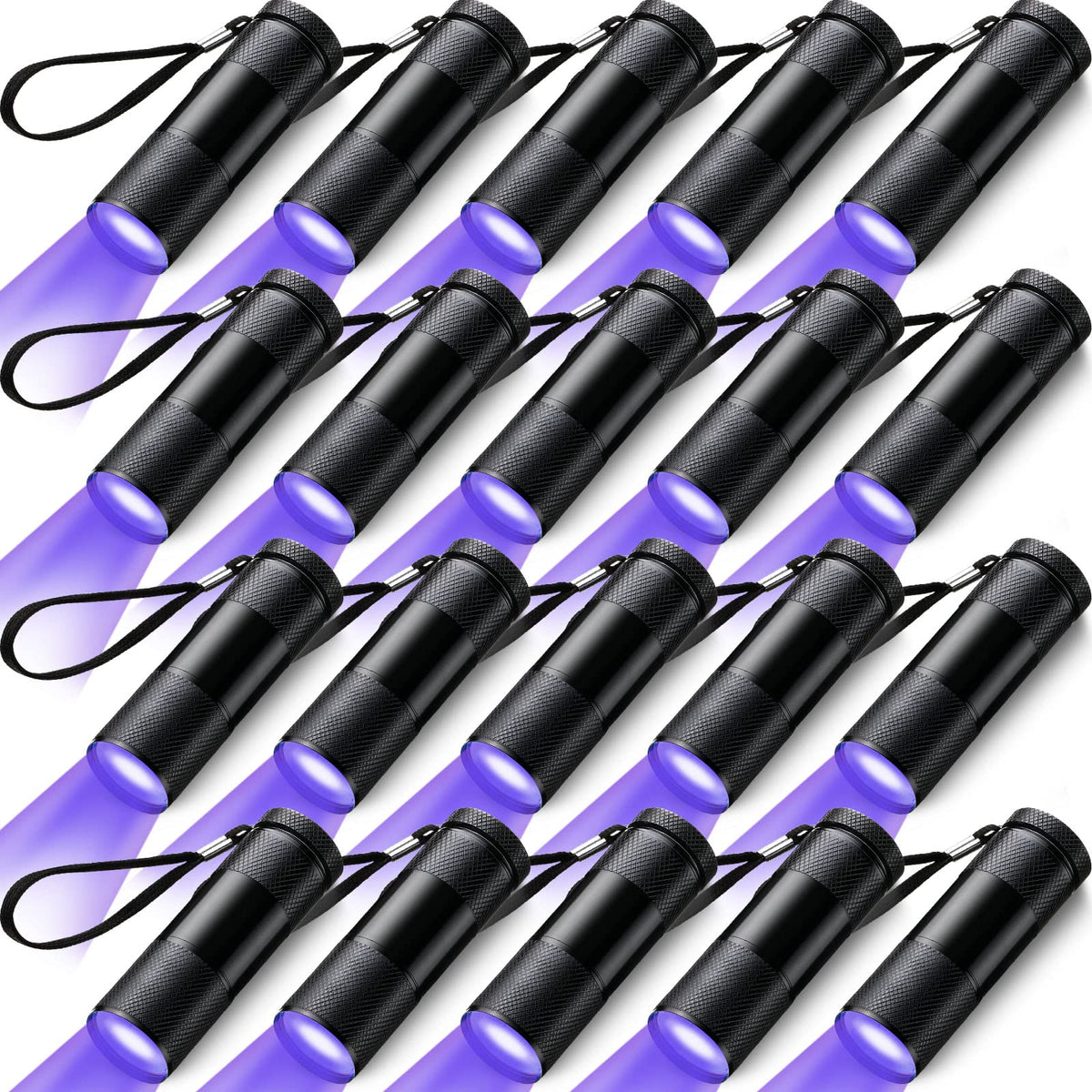 Hortsun blacklight flashlight package showing 20 compact UV tools for stain detection