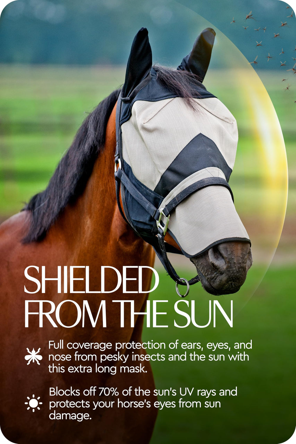 HORZE horse fly mask double-dart stitching keeps fabric away from eyes and temples.