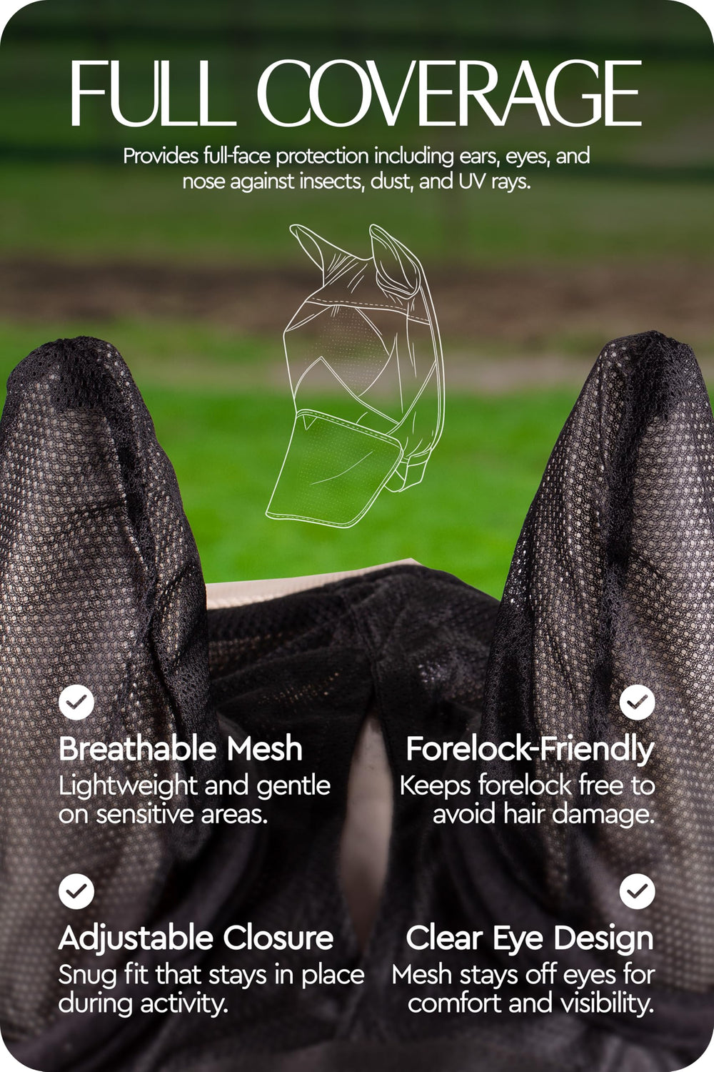 HORZE horse fly mask soft mesh around ears and forehead minimizes chafing.