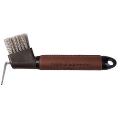 HORZE Maddox leather-handle hoof pick with comfortable grip for grooming.