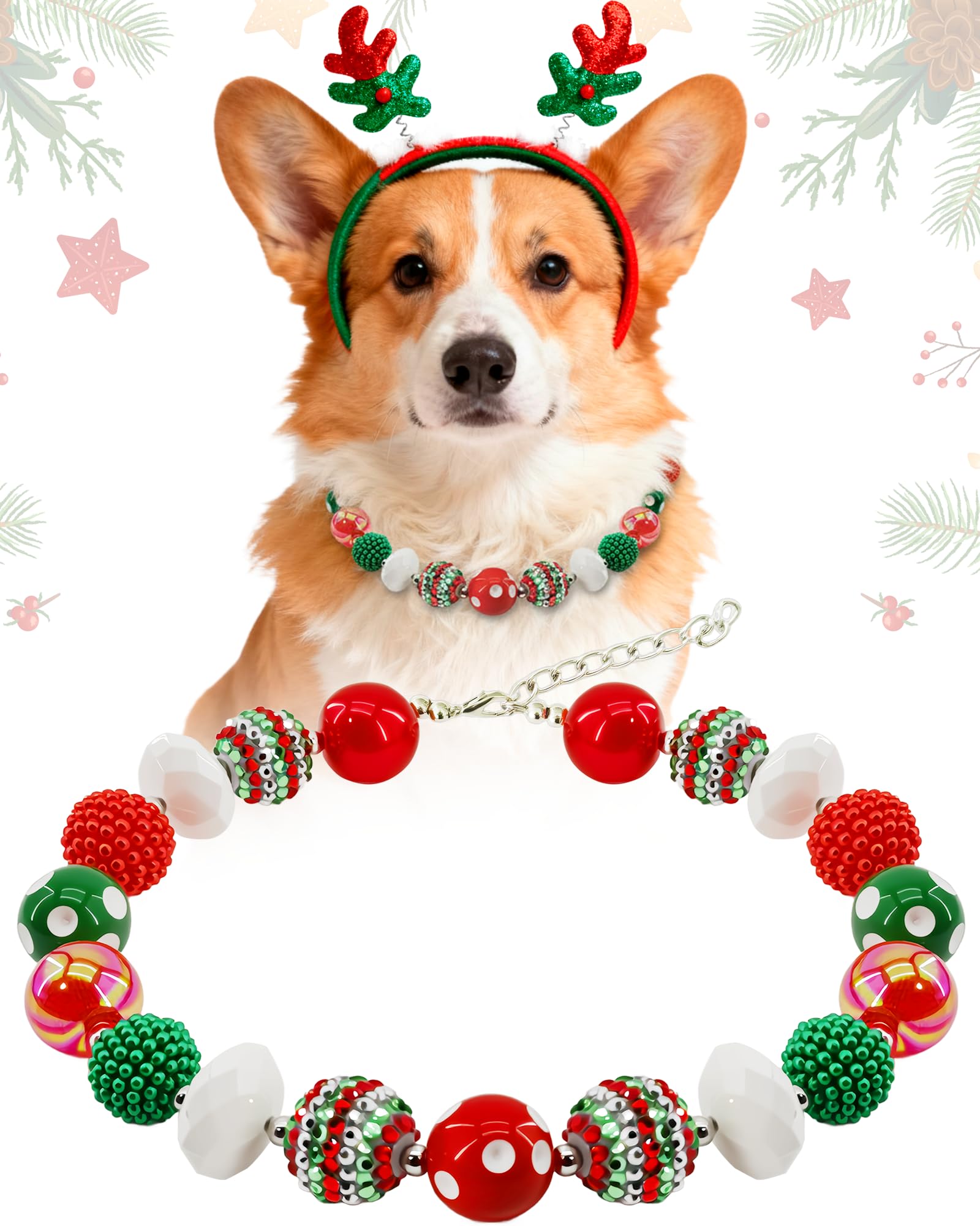 Hosiwei Christmas dog collar with red and green beads shines in festive photos for holiday memories