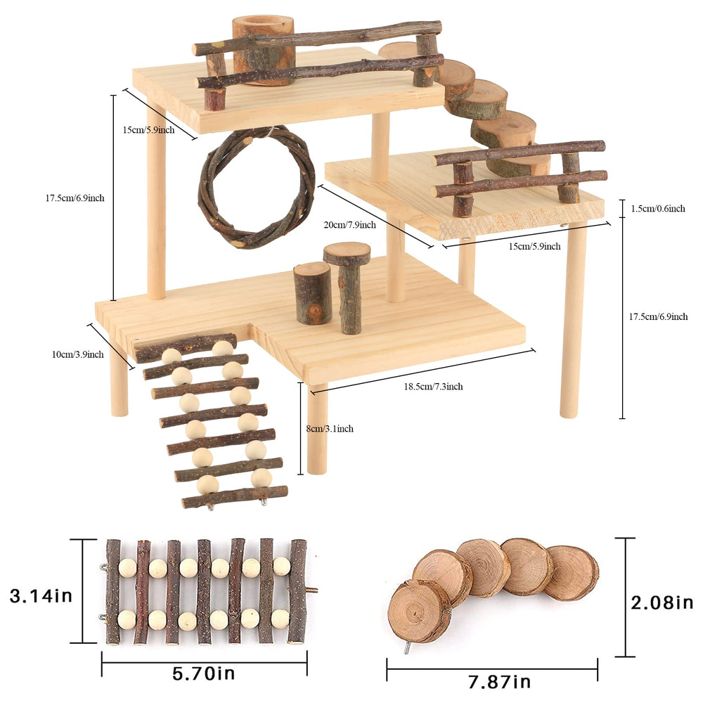 HOSUKKO hamster playground 3-tier inside cage demonstrates space-efficient enrichment for multiple hamsters.