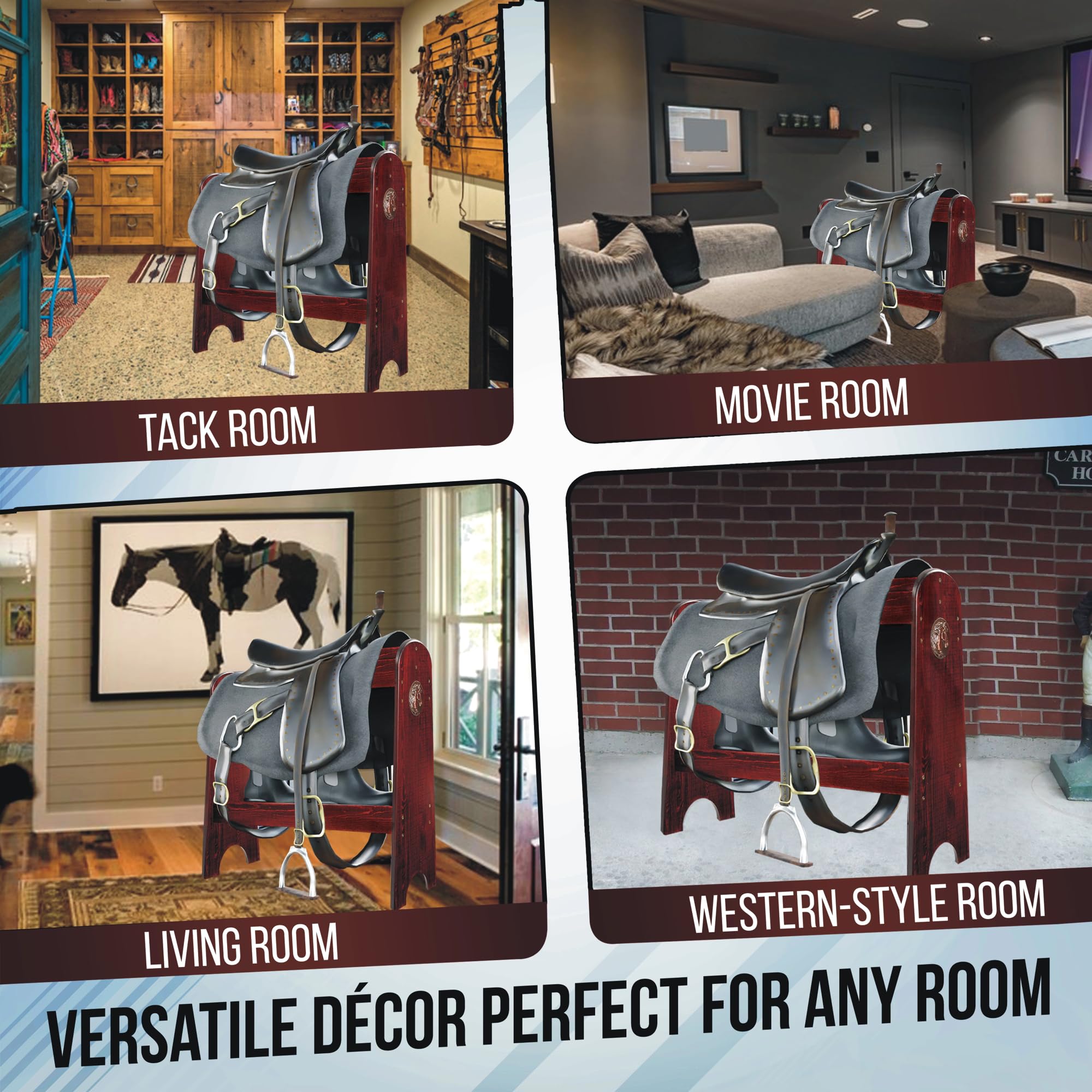 HOTCAN pine wood saddle rack with horse badge adds Western décor and display appeal