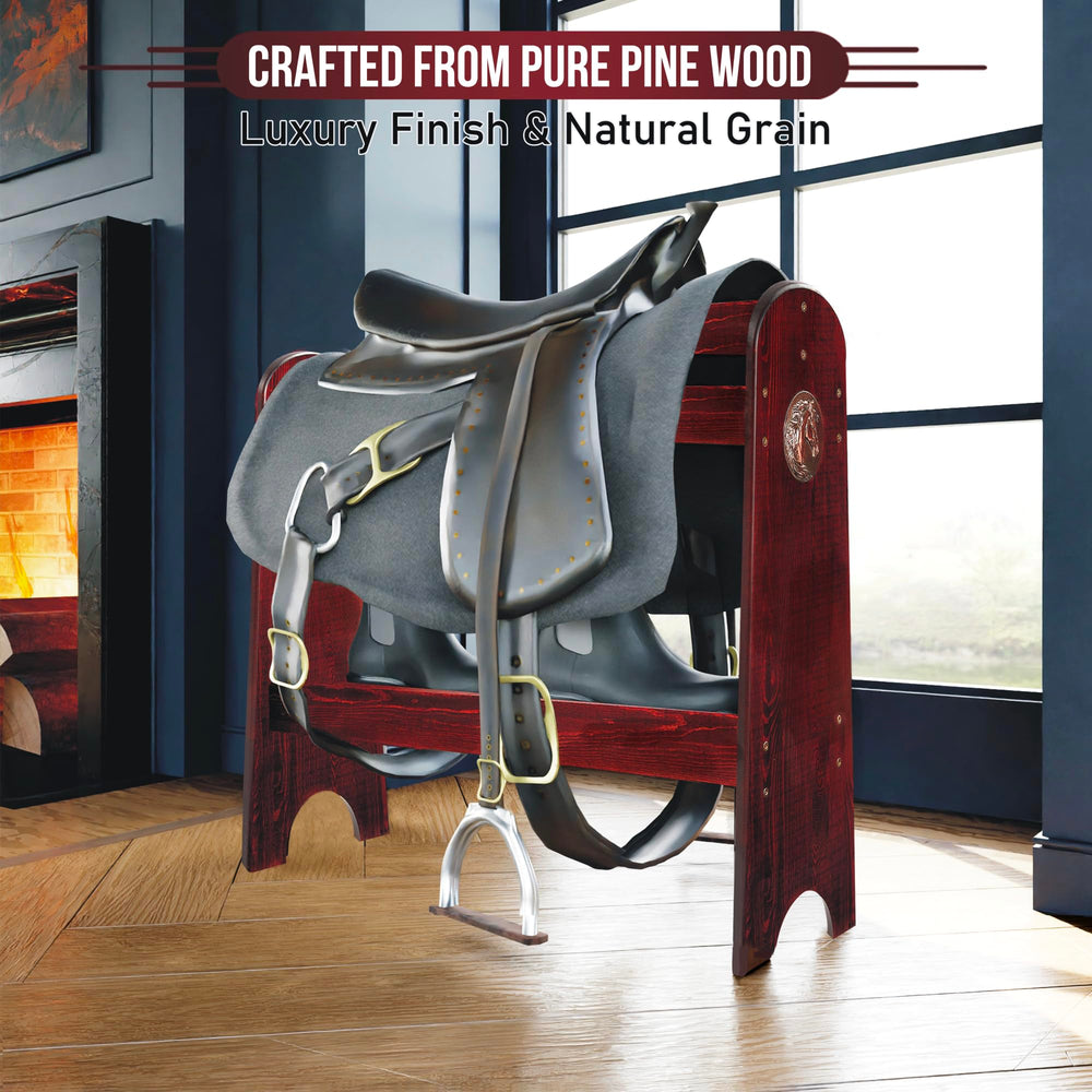 HOTCAN pine wood saddle rack side profile demonstrates space-saving tack organization
