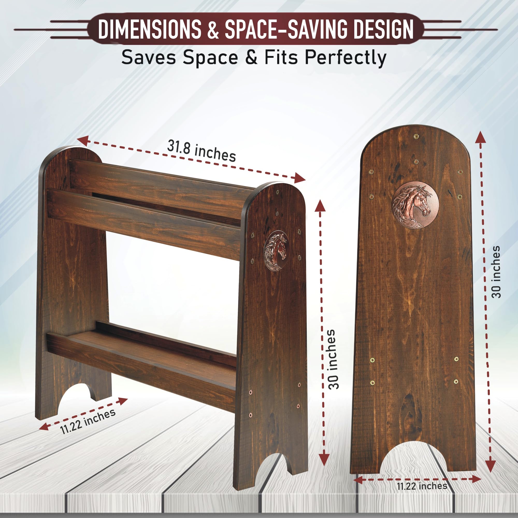 HOTCAN Pine Wood Saddle Rack side view shows compact footprint for organized tack spaces