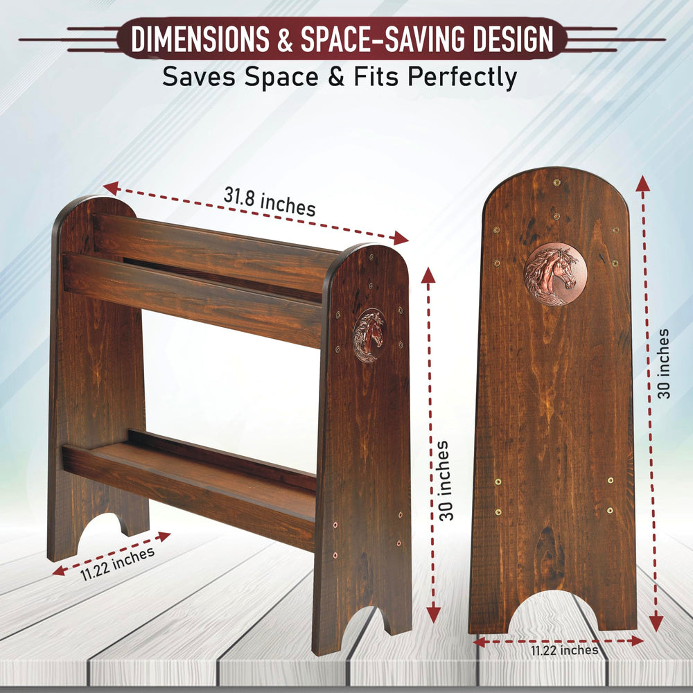 HOTCAN Pine Wood Saddle Rack side view shows compact footprint for organized tack spaces